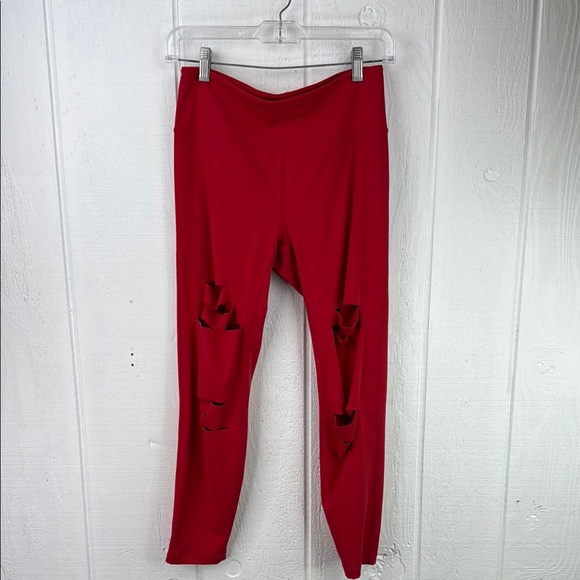 ZYIA Active Women's Red Slash Distressed Leggings Athletic Stretch 24” Size 6-8 - Picture 1 of 6
